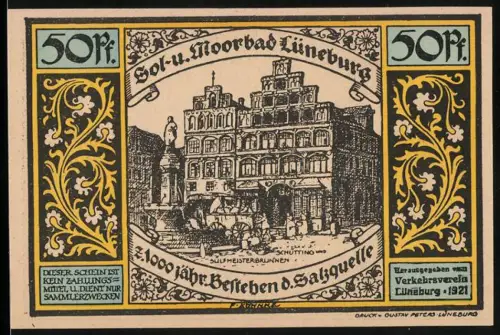 Notgeld Lüneburg 1921, 50 Pf, historische Gebäude und mittelalterliche Szene