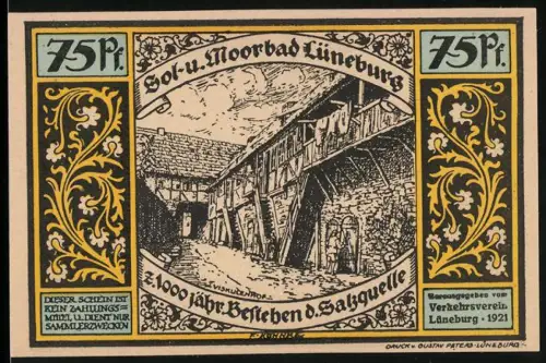 Notgeld Lüneburg 1921, 75 Pf, 1000 Jahre Salzquelle, mittelalterliche Stadtszene