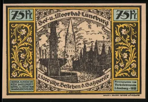 Notgeld Lüneburg 1921, 75 Pf, Ortsansicht und Befreiungsszene