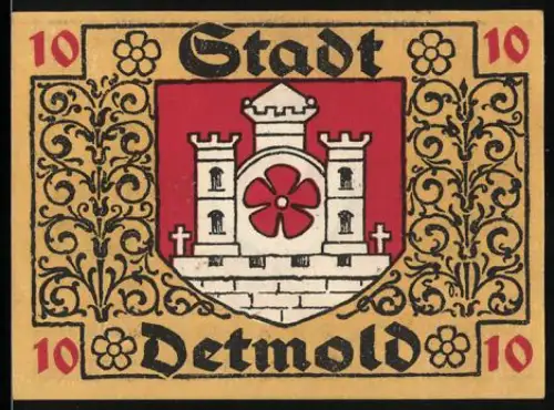 Notgeld Detmold 1920, 10 Pfennig, Stadtwappen mit Burg
