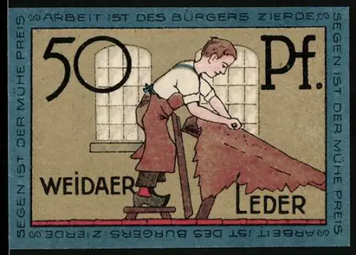 Notgeld Weida i. Th., 50 Pf, Gerber bei der Lederbearbeitung, Wappen der Stadt Weida