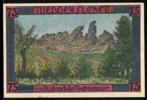 Notgeld Weddersleben 1921, 75 Pfennig, Blick nach der Teufelsmauer