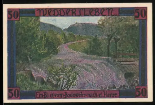 Notgeld Weddersleben 1921, 50 Pfennig, Blick auf Bodewehr und Harz, mit Wappen der Gemeinde