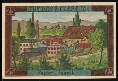 Notgeld Weddersleben 1921, 25 Pfennig, Papierfabrik und Wappen