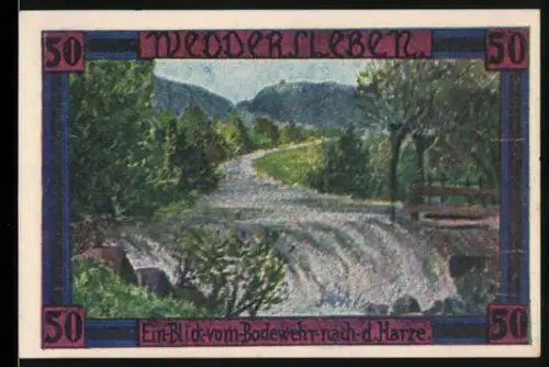 Notgeld Weddersleben 1921, 50 Pfennig, Blick auf Bodewehr im Harz, Wappen der Gemeinde