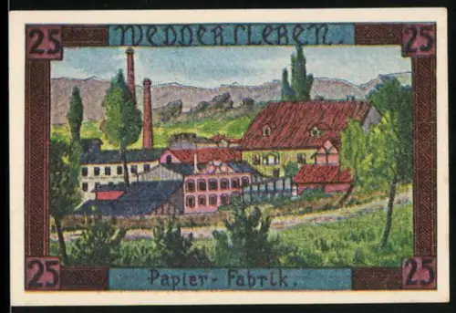 Notgeld Weddersleben 1921, 25 Pfennig, Papierfabrik und Wappen