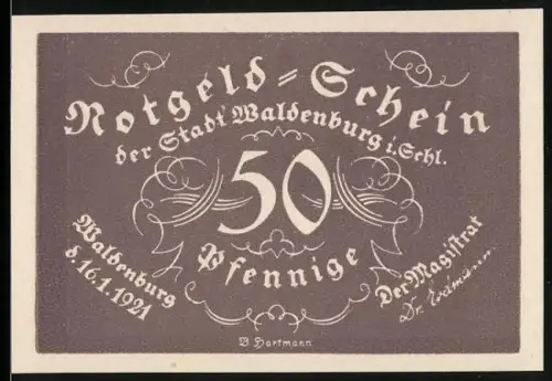 Notgeld Waldenburg i. Schl. 1921, 50 Pfennig, Jubiläum der Waldenburger Bergkapelle mit Figur mit Harfe