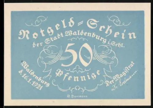 Notgeld Waldenburg i. Schl. 1921, 50 Pfennig, Jubiläum der Waldenburger Bergkapelle und dekorative Ornamente