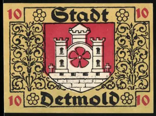 Notgeld Detmold 1920, 10 Pfennig, Wappen mit Burgmotiv und floralen Mustern