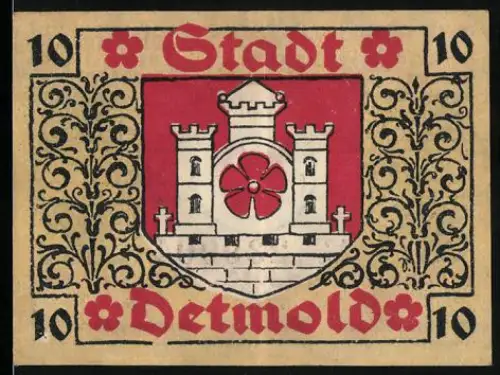 Notgeld Detmold 1920, 10 Pfennig, Wappen mit Burgtor und Blume