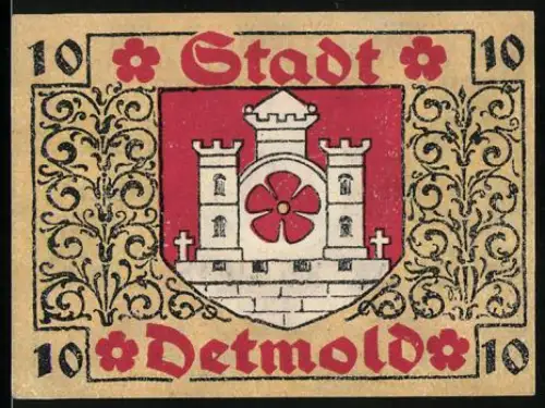Notgeld Detmold 1920, 10 Pfennig, Stadtwappen mit Burg, florale Ornamente