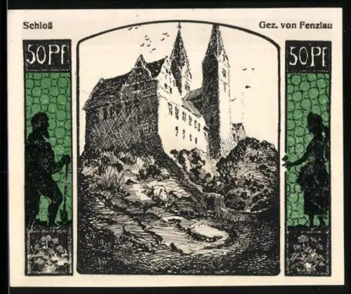 Notgeld Quedlinburg 1922, 50 Pfennig, Schlossansicht und Stadtsilhouette bei Sonnenaufgang