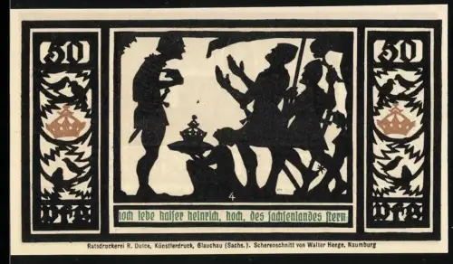 Notgeld Quedlinburg 1921, 50 Pfennig, Scherenschnitt-Szene und Burgsilhouette im Sonnenaufgang
