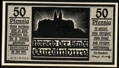 Notgeld Quedlinburg 1921, 50 Pfennig, Burgsilhouette und Mann mit erhobenem Arm im Wald