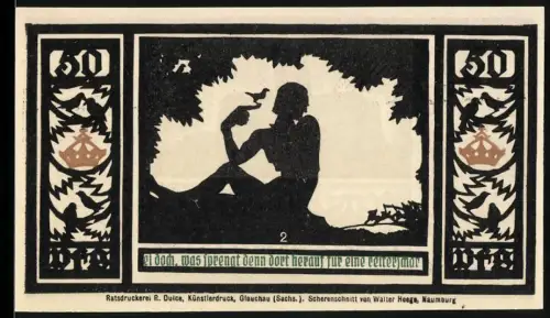 Notgeld Quedlinburg 1921, 50 Pfennig, Scherenschnitt mit Mann und Vogel, Stadtumriss mit Strahlen