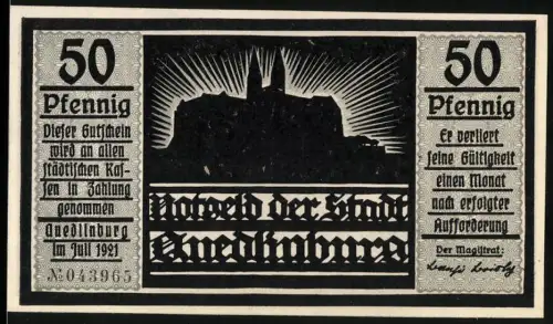 Notgeld Quedlinburg 1921, 50 Pfennig, Silhouette der Stadt und Herr Heinrich mit Vögeln im Wald