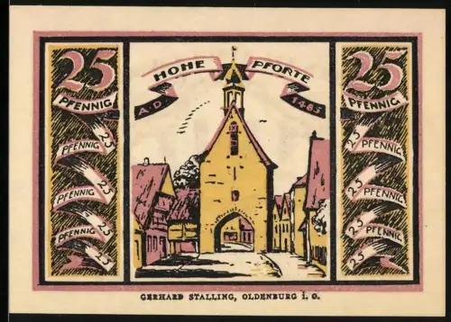 Notgeld Quakenbrück 1921, 25 Pfennig, Hohe Pforte und Stadtwappen mit Löwen und Tor