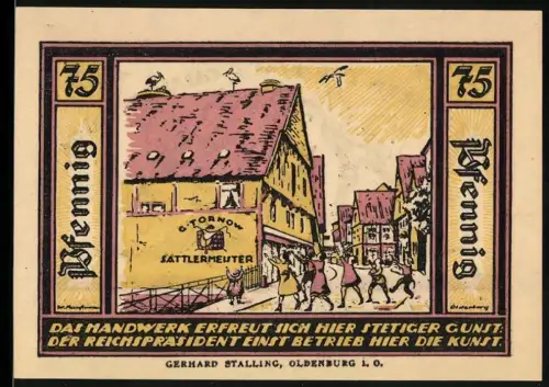 Notgeld Quakenbrück 1921, 75 Pfennig, Handwerkerhaus und Stadtwappen mit Löwen und Tor