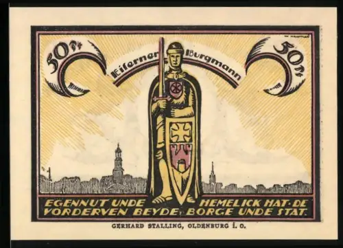 Notgeld Quakenbrück 1921, 50 Pf, Burgmann mit Schwert und Löwen mit Burgtor