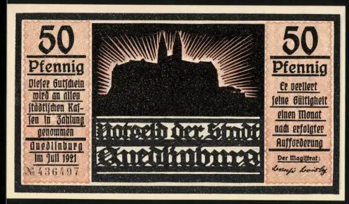 Notgeld Quedlinburg 1921, 50 Pfennig, Burgsilhouette und Herr Heinrich mit Vögeln