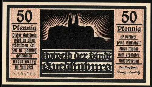 Notgeld Quedlinburg 1921, 50 Pfennig, Silhouette einer Burg und historische Szene