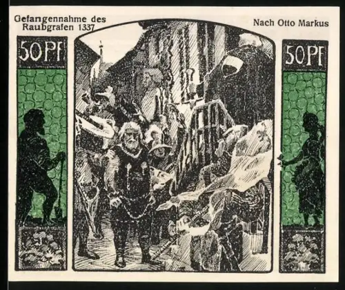 Notgeld Quedlinburg 1922, 50 Pfennig, Gefangennahme des Raubgrafen 1337, Jubiläumsfeier der Ortsansicht