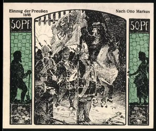 Notgeld Quedlinburg 1922, 50 Pfennig, Einzug der Preussen 1698, Ortsansicht mit Wappen