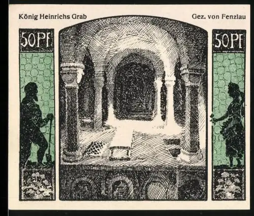 Notgeld Quedlinburg 1922, 50 Pfennig, König Heinrichs Grab und Jubiläumsfeier mit Ortsansicht und Wappen