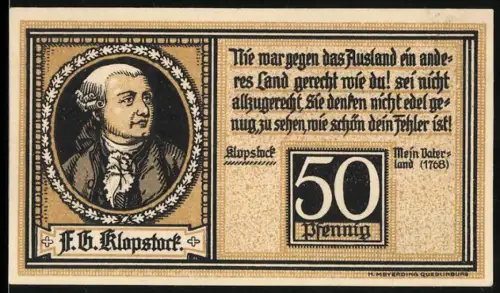 Notgeld Quedlinburg 1921, 50 Pfennig, F. G. Klopstock und Rathaus-Portal