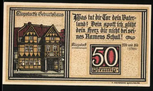 Notgeld Quedlinburg 1921, 50 Pfennig, Klopstocks Geburtshaus und Statue mit Schwert