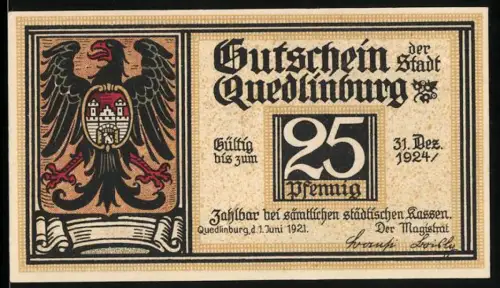 Notgeld Quedlinburg 1921, 25 Pfennig, Klopstocks Geburtshaus und Stadtwappen