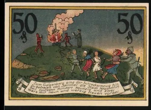 Notgeld Neustettin 1921, 50 Pfennig, Hexenverbrennung auf dem Galgenberg, Stadtwappen