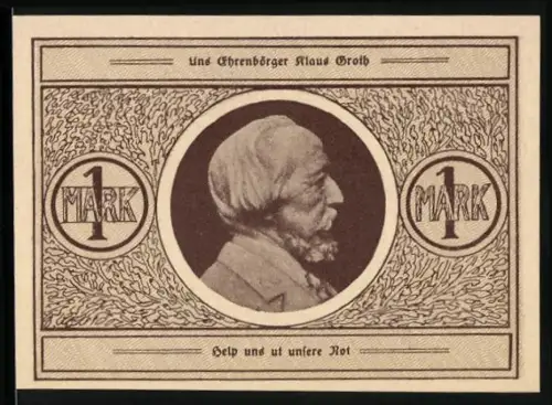 Notgeld Heide, 1 Mark, Porträt von Klaus Groth und Stadtsiegel mit Hundert Pfennig Schriftzug