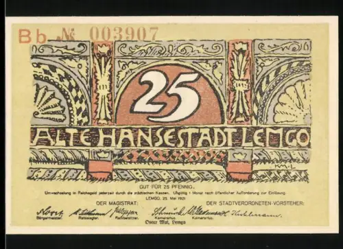 Notgeld Lemgo 1921, 25 Pfennig, Stadtansicht-Silhouette