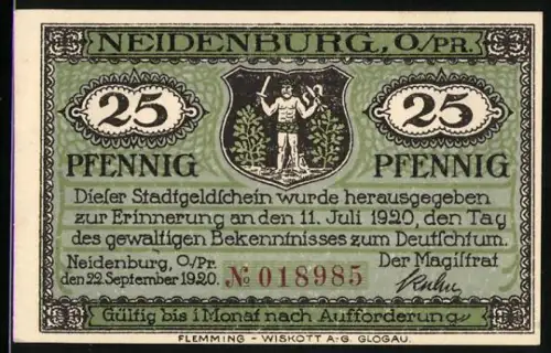 Notgeld Neidenburg, Opr. 1920, 25 Pfennig, Stadtwappen und Landschaftsansicht mit Fluss und Gebäuden