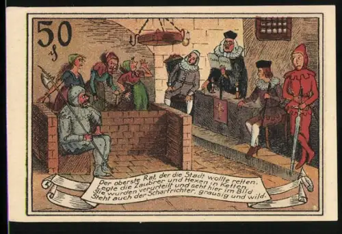 Notgeld Neustettin 1921, 50 Pfennig, Gerichtsszene mit Scharfrichter und Stadtwappen