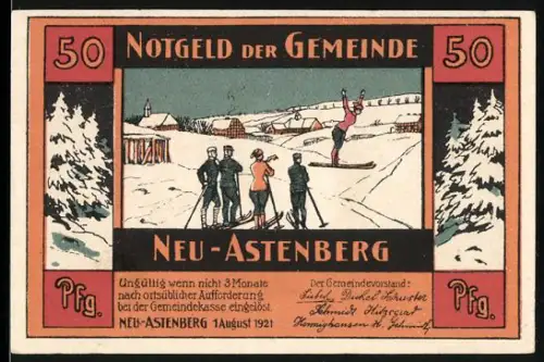 Notgeld Neu-Astenberg 1921, 50 Pfennig, Skifahrer und Holzarbeiten