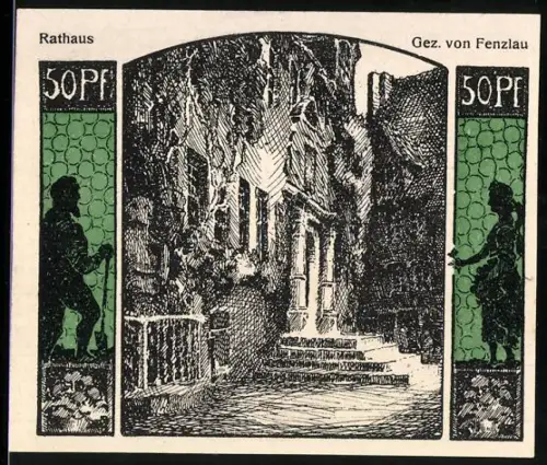 Notgeld Quedlinburg 1922, 50 Pfennig, Rathaus und Stadtsilhouette zur Tausendjahrfeier