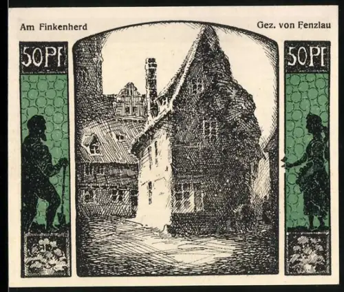 Notgeld Quedlinburg 1922, 50 Pfennig, Fachwerkhaus Am Finkenherd und Stadtsilhouette zur Tausendjahrfeier