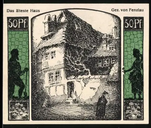 Notgeld Quedlinburg 1922, 50 Pfennig, Ältestes Haus und Ortsansicht zur Tausendjahrfeier