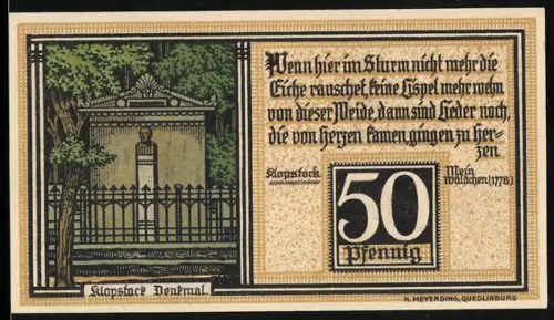 Notgeld Quedlinburg 1921, 50 Pfennig, Klopstock-Denkmal und Schloss von der Südseite