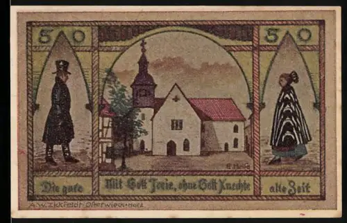Notgeld Wasserleben 1921, 50 Pf, Kirche mit Figuren in traditioneller Kleidung