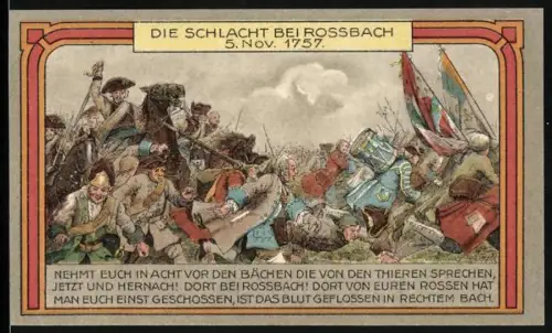 Notgeld Rossbach Kreis Querfurt, 50 Pf, Schlacht bei Rossbach und Rossbacher Wappen mit Pferd