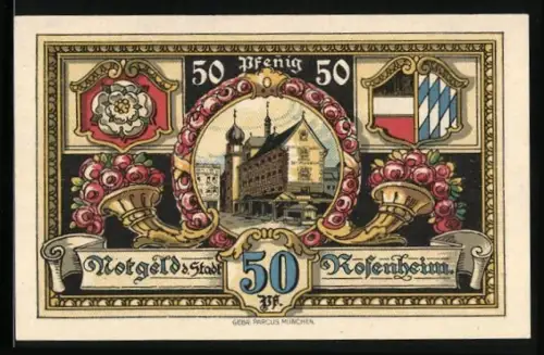 Notgeld Rosenheim 1921, 50 Pfennig, Ortsansicht und Landschaft mit Kirche