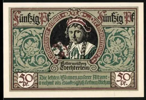 Notgeld Rothenburg ob der Tauber 1921, 50 Pf, Kellermeisterstöchterlein und Stadtsoldaten mit Wappen