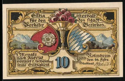 Notgeld Rosenheim 1921, 10 Pfennig, Ortsansicht und bayerisches Wappen mit Blumenornamenten