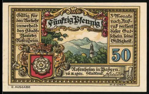 Notgeld Rosenheim in Bayern 1921, 50 Pfennig, Stadtwappen und Berglandschaft mit Kirche
