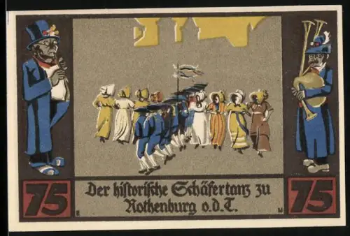 Notgeld Rothenburg o. d. T. 1921, 75 Pfennig, Schäfertanz und Schäfer mit Herde