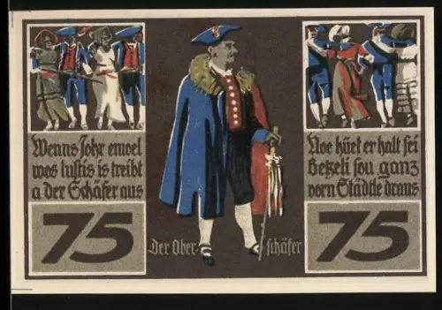 Notgeld Rothenburg o. T. 1921, 75 Pfennig, Schäfer mit Ortsansicht und Schafe bei Sonnenuntergang