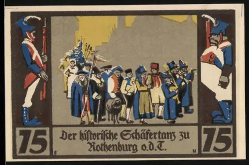 Notgeld Rothenburg o. d. T. 1921, 75 Pfennig, Schäfertanz und Schäfer mit Herde vor Stadtsilhouette